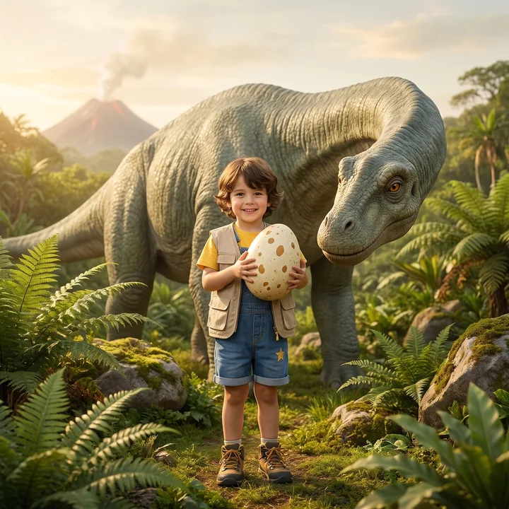 Dino-Kinderbuch mit Namen: Cover von «Lina und das letzte Dino-Ei» im lebensechten Stil (Jungen-Version)