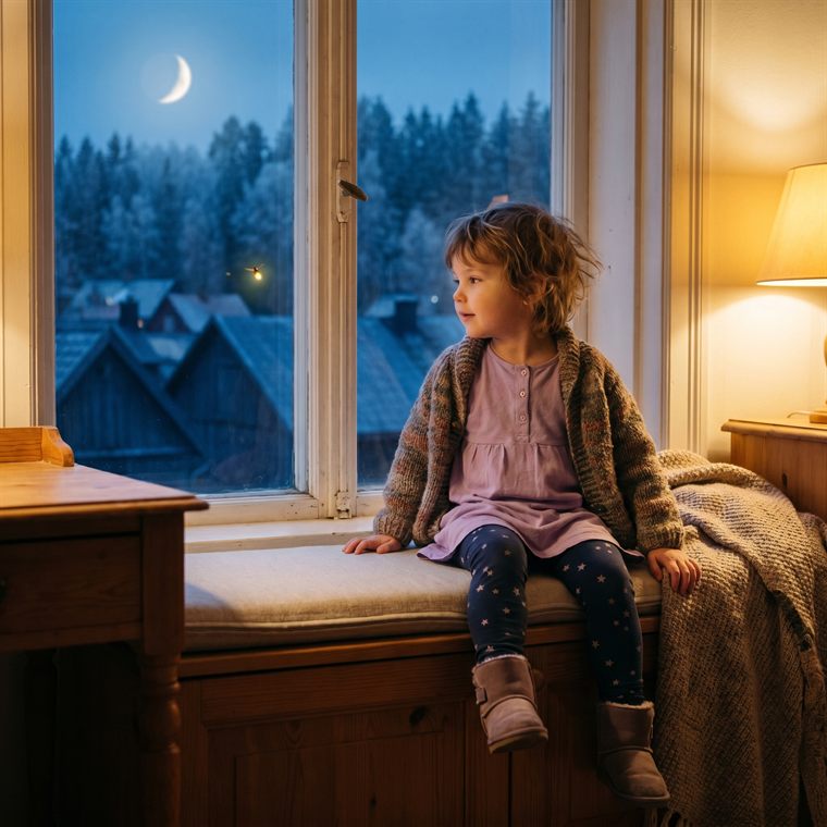 Beispielseite: Kind sitzt am Fenster und blickt in die Mondnacht über den verschneiten Dächern