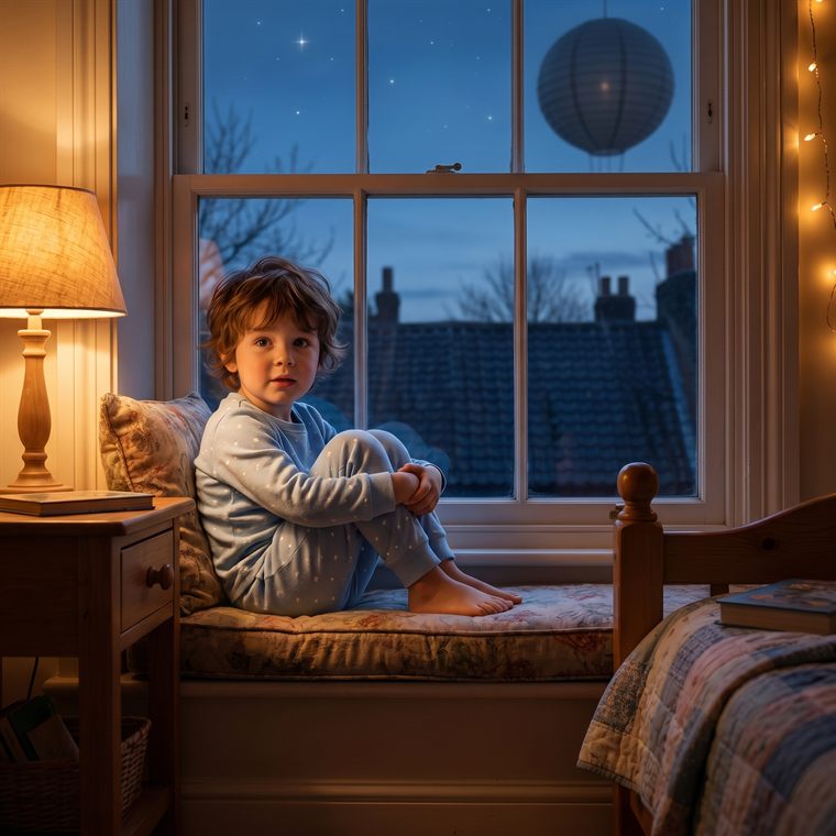 Innenseite-Beispiel in lebensecht: Kind am Fenster, die Laterne leuchtet in der Nacht