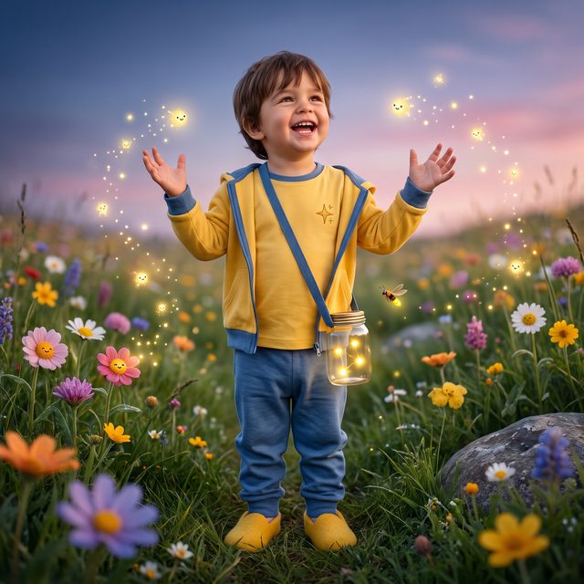 Buchszene auf der Blumenwiese in der Dämmerung: Kind jubelt mit ausgebreiteten Armen, das Glühwürmchen-Glas umgehängt, Junge-Version für 2–3 Jahre: Kleinkind, kleine Körpergrösse und Kleinkind-Proportionen