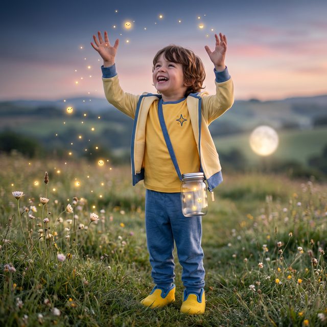 Buchszene auf der Blumenwiese in der Dämmerung: Kind jubelt mit ausgebreiteten Armen, das Glühwürmchen-Glas umgehängt, Junge-Version für 4–6 Jahre: Kindergartenkind, sichtbar grösser