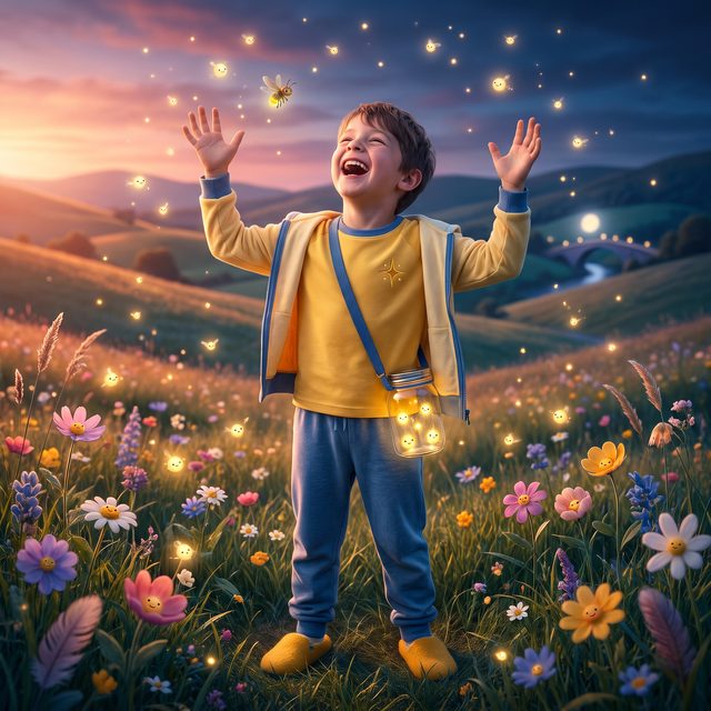 Buchszene auf der Blumenwiese in der Dämmerung: Kind jubelt mit ausgebreiteten Armen, das Glühwürmchen-Glas umgehängt, Junge-Version für 7–9 Jahre: Schulkind, deutlich grösser und schlanker