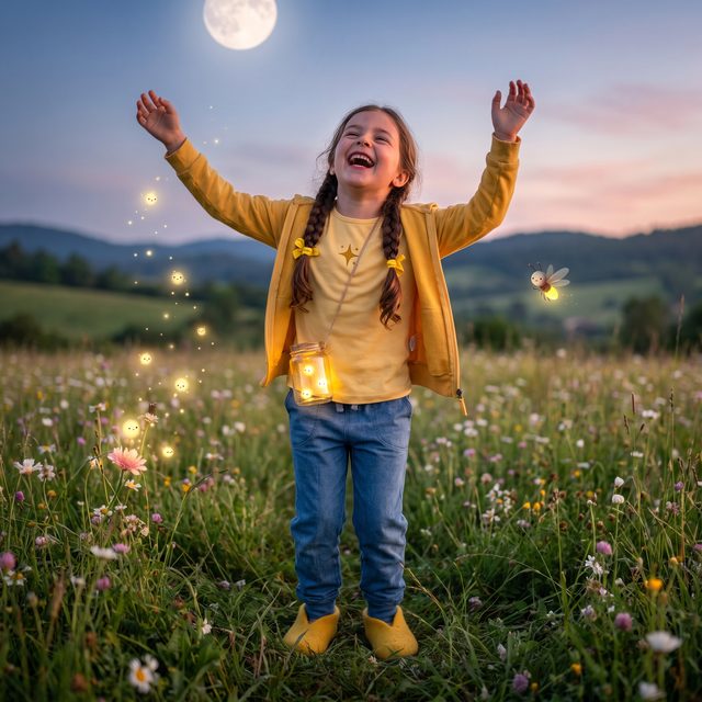 Buchszene auf der Blumenwiese in der Dämmerung: Kind jubelt mit ausgebreiteten Armen, das Glühwürmchen-Glas umgehängt, Mädchen-Version für 7–9 Jahre: Schulkind, deutlich grösser und schlanker
