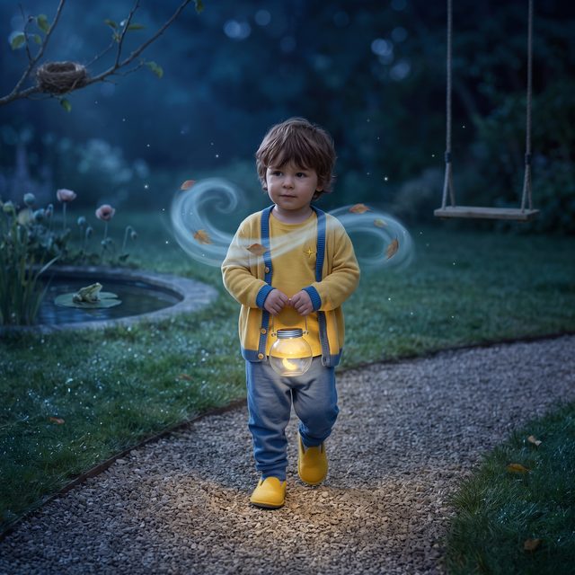 Buchszene im nächtlichen Garten: Kind trägt das leuchtende Einmachglas als Laterne über den Kiesweg, Junge-Version für 2–3 Jahre: Kleinkind, kleine Körpergrösse und Kleinkind-Proportionen