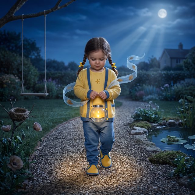 Buchszene im nächtlichen Garten: Kind trägt das leuchtende Einmachglas als Laterne über den Kiesweg, Mädchen-Version für 2–3 Jahre: Kleinkind, kleine Körpergrösse und Kleinkind-Proportionen