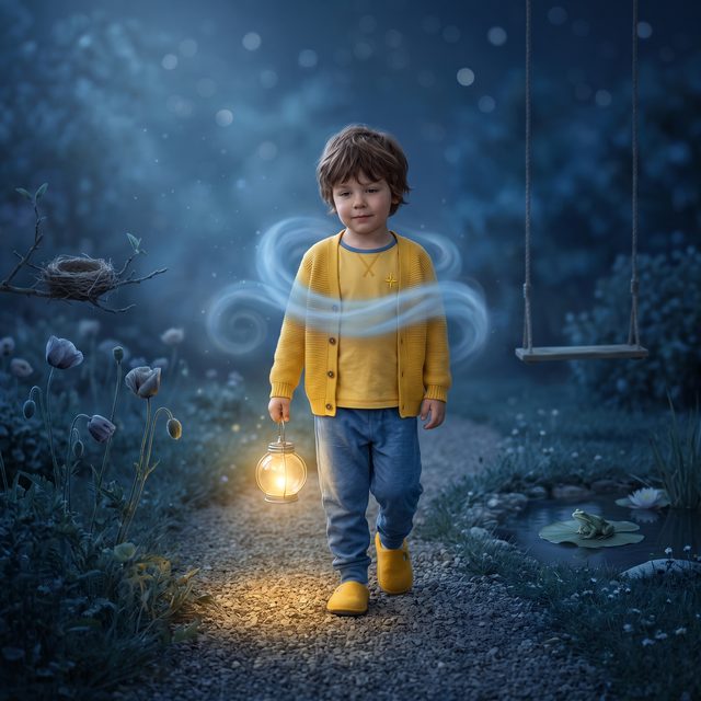 Buchszene im nächtlichen Garten: Kind trägt das leuchtende Einmachglas als Laterne über den Kiesweg, Junge-Version für 4–6 Jahre: Kindergartenkind, sichtbar grösser