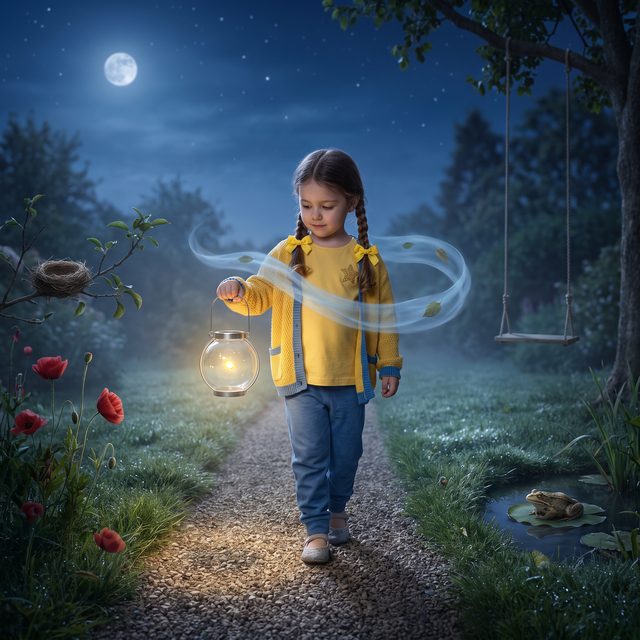 Buchszene im nächtlichen Garten: Kind trägt das leuchtende Einmachglas als Laterne über den Kiesweg, Mädchen-Version für 4–6 Jahre: Kindergartenkind, sichtbar grösser