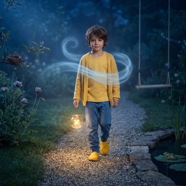 Buchszene im nächtlichen Garten: Kind trägt das leuchtende Einmachglas als Laterne über den Kiesweg, Junge-Version für 7–9 Jahre: Schulkind, deutlich grösser und schlanker