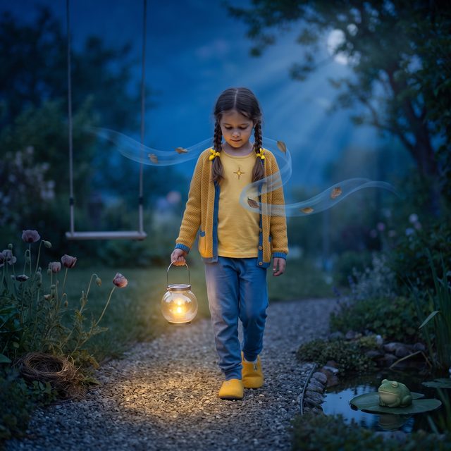 Buchszene im nächtlichen Garten: Kind trägt das leuchtende Einmachglas als Laterne über den Kiesweg, Mädchen-Version für 7–9 Jahre: Schulkind, deutlich grösser und schlanker