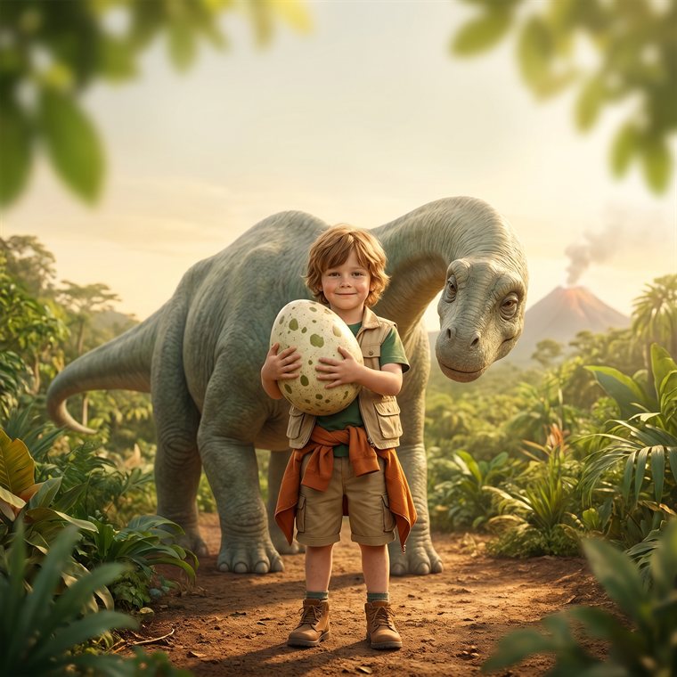Lebensecht-Beispiel: Kind mit Dino-Ei neben einem Dinosaurier im Urwald